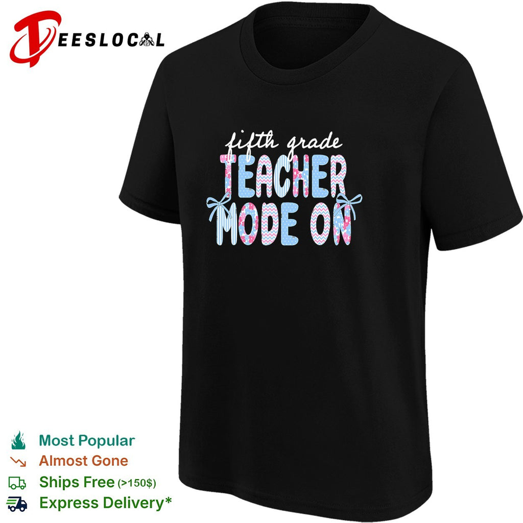 Fifth grade teacher mode on chevron and floral lettering with bows badge shirt