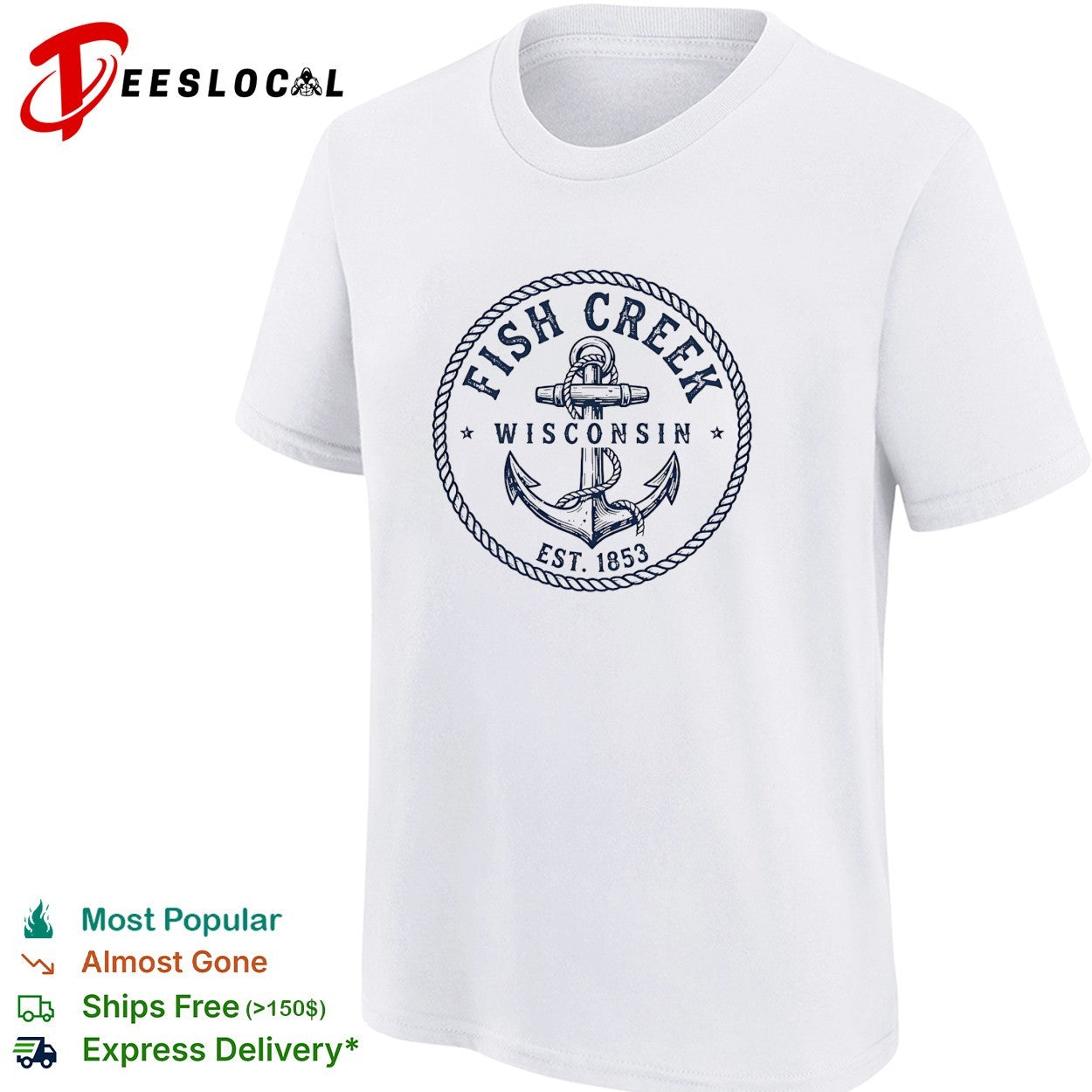 Fish Creek Wisconsin established 1853 anchor wrapped in rope circle badge shirt