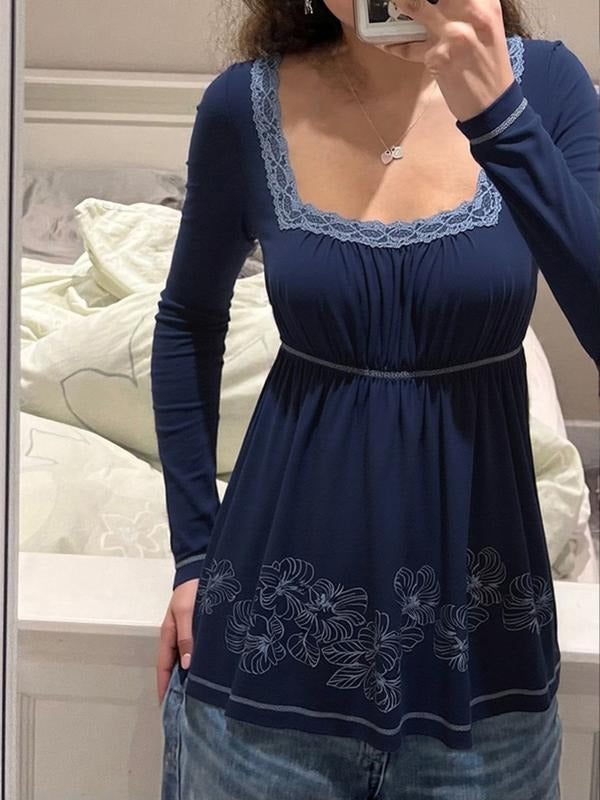 Floral Print Lace Patchwork Square Neck Long Sleeve T-Shirt, Y2K Style Cute Vintage Spring Autumn Top for Women, Casual Classy Top