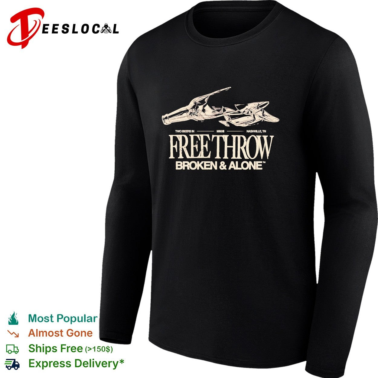 Free Throw broken and alone shattered beer bottle two beers in Nashville shirt