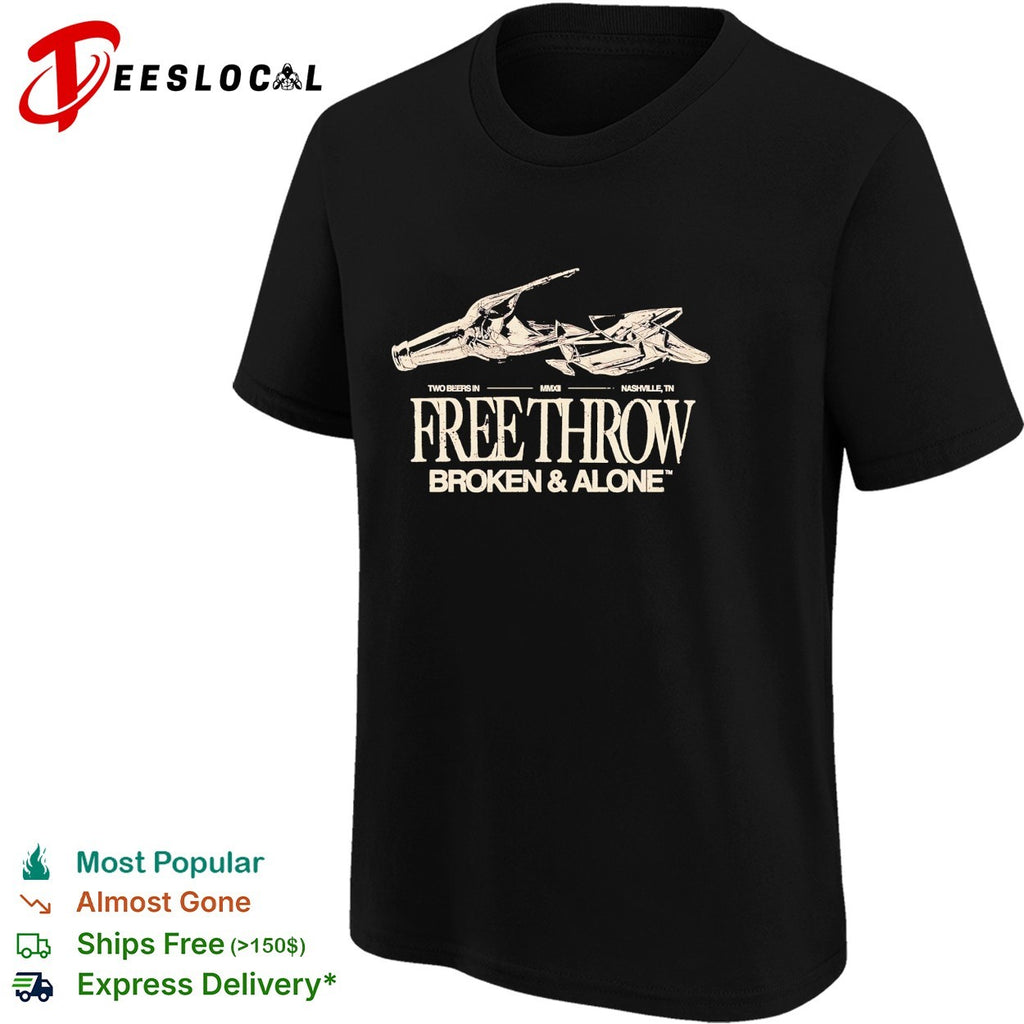 Free Throw broken and alone shattered beer bottle two beers in Nashville shirt