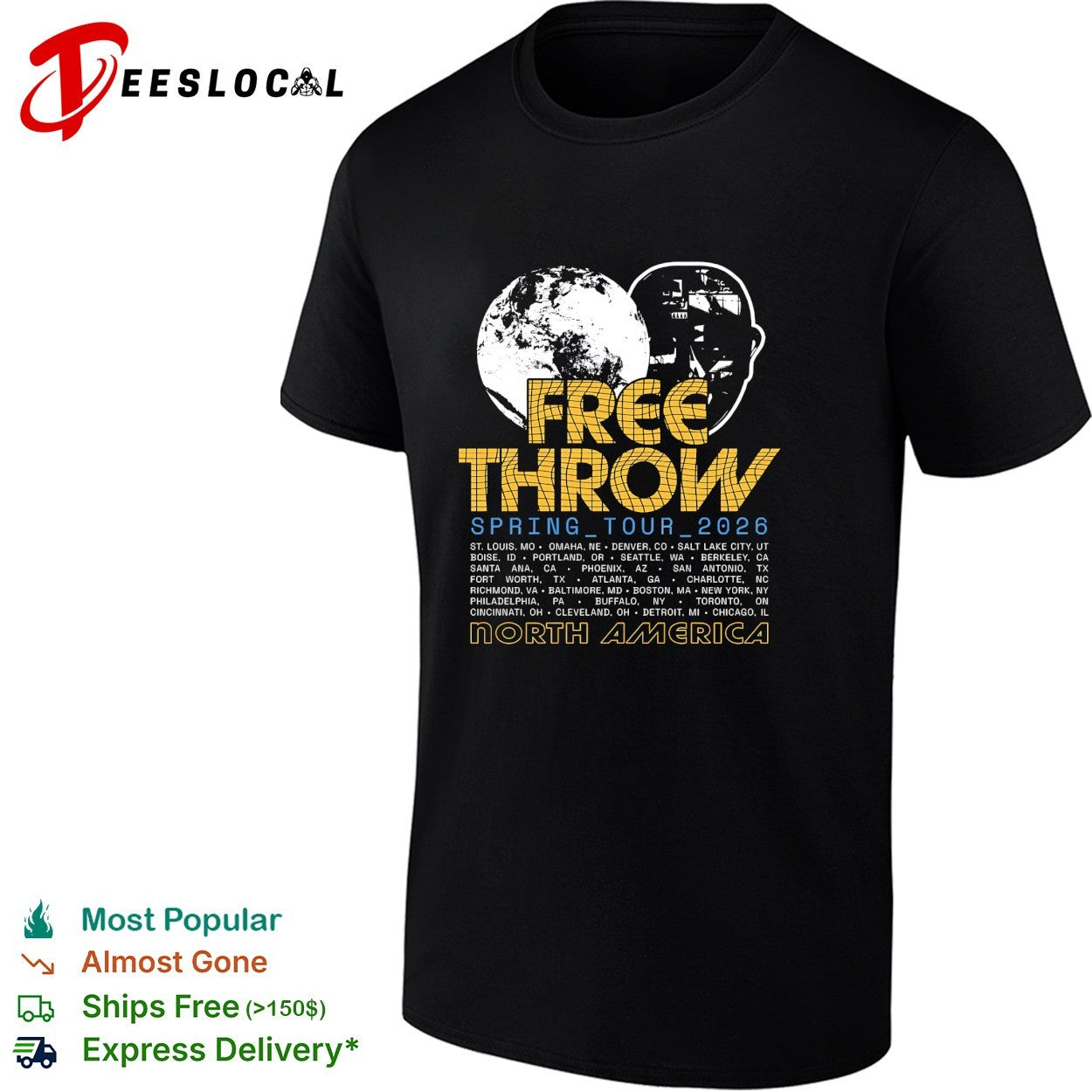 Free Throw spring tour 2026 north america poster with moon and astronaut head shirt