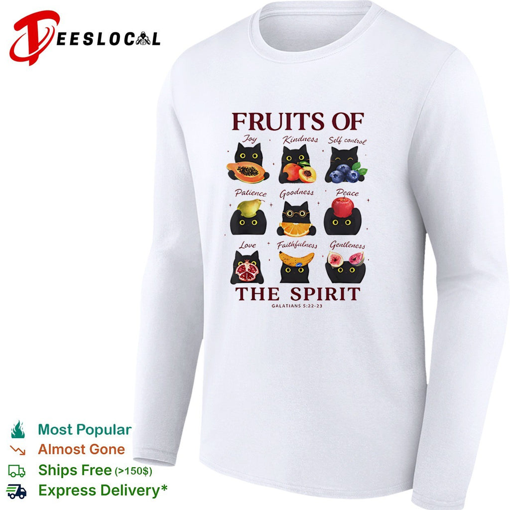 Fruits of the spirit black cats holding fruit Galatians 5 22 23 bible verse shirt