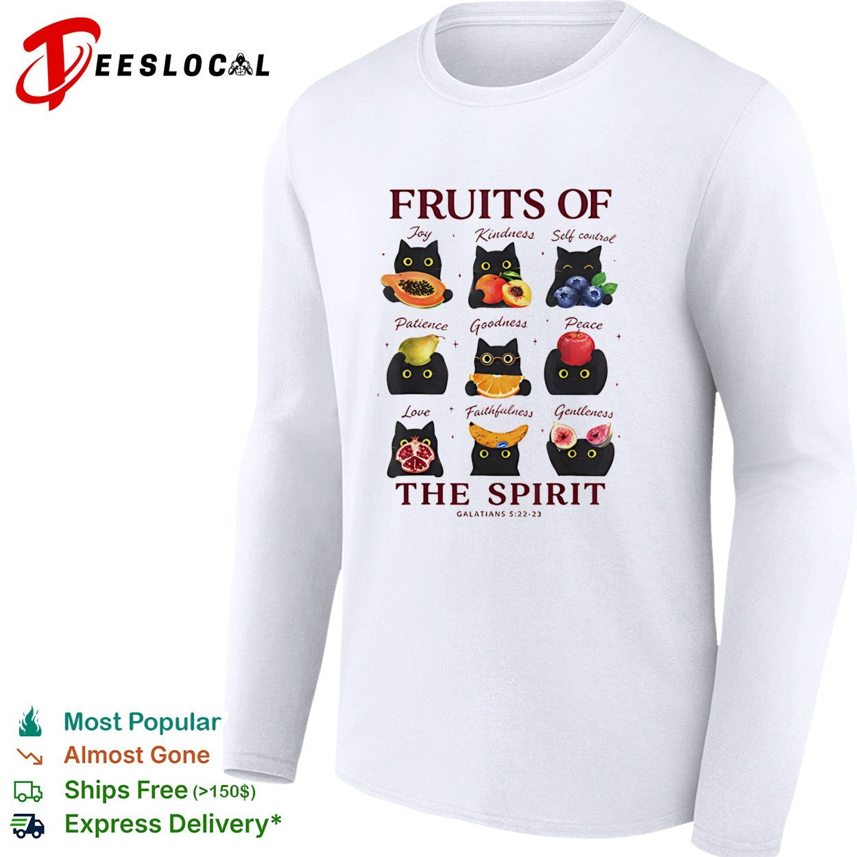 Fruits of the spirit black cats holding fruit Galatians 5 22 23 bible verse shirt