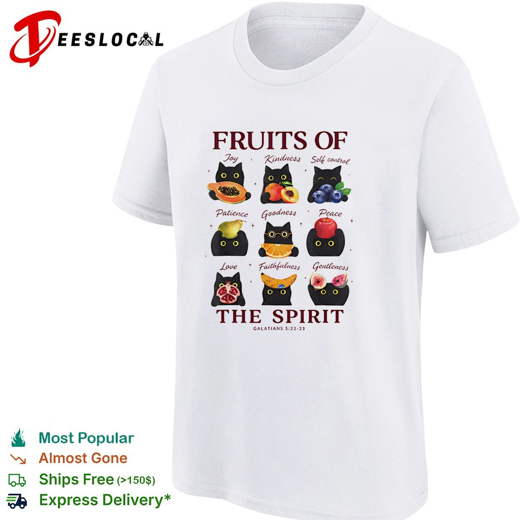 Fruits of the spirit black cats holding fruit Galatians 5 22 23 bible verse shirt