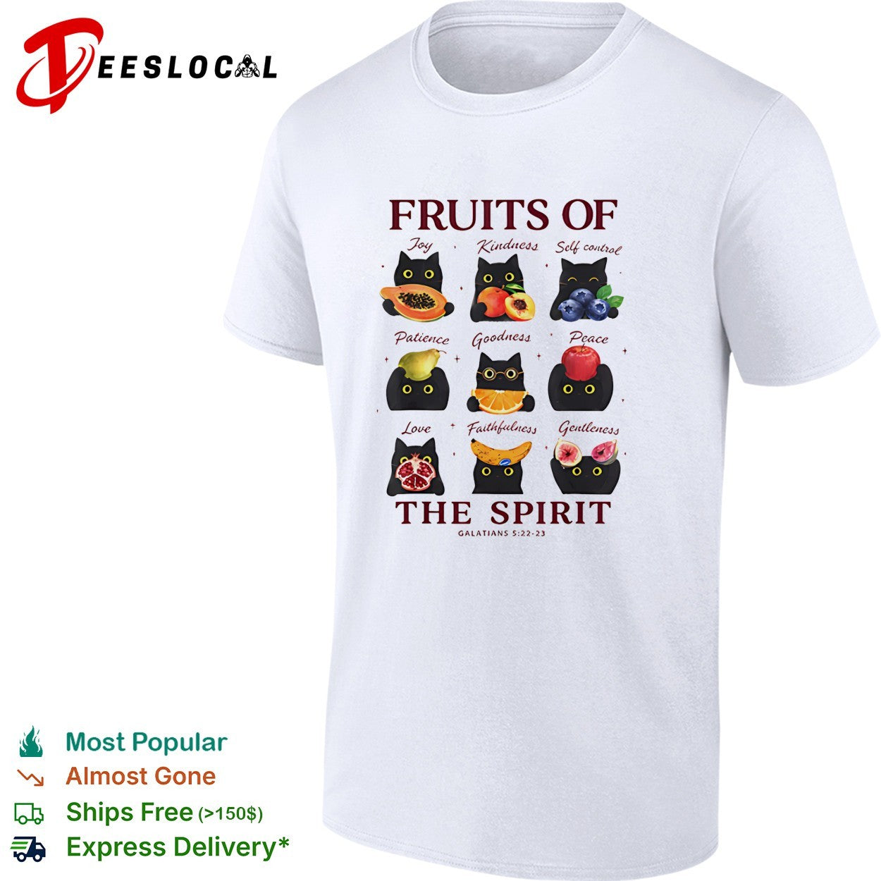 Fruits of the spirit black cats holding fruit Galatians 5 22 23 bible verse shirt