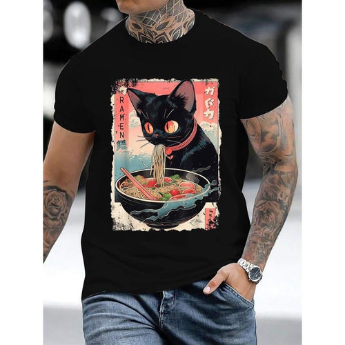 "Fun - filled Men's T - Shirt with a Quirky Design, Featuring a Black Cat Eating Ramen with Japanese