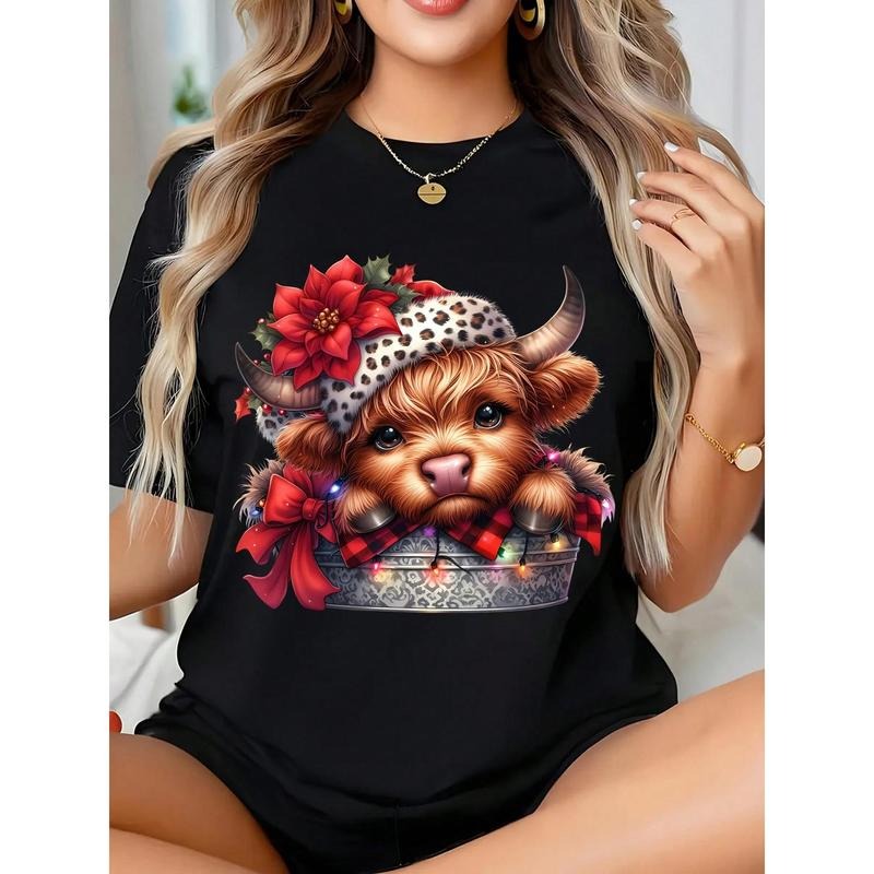Funny Christmas Highland Cow Shirt, Coquette Christmas Highland Cow T-Shirt, Plus Size Women's Vibrant Farmer Christmas Tee, Merry Christmas Heifers Top, Cow Animal Lover Xmas Gift, Perfect For Christmas Party & Daily Wear