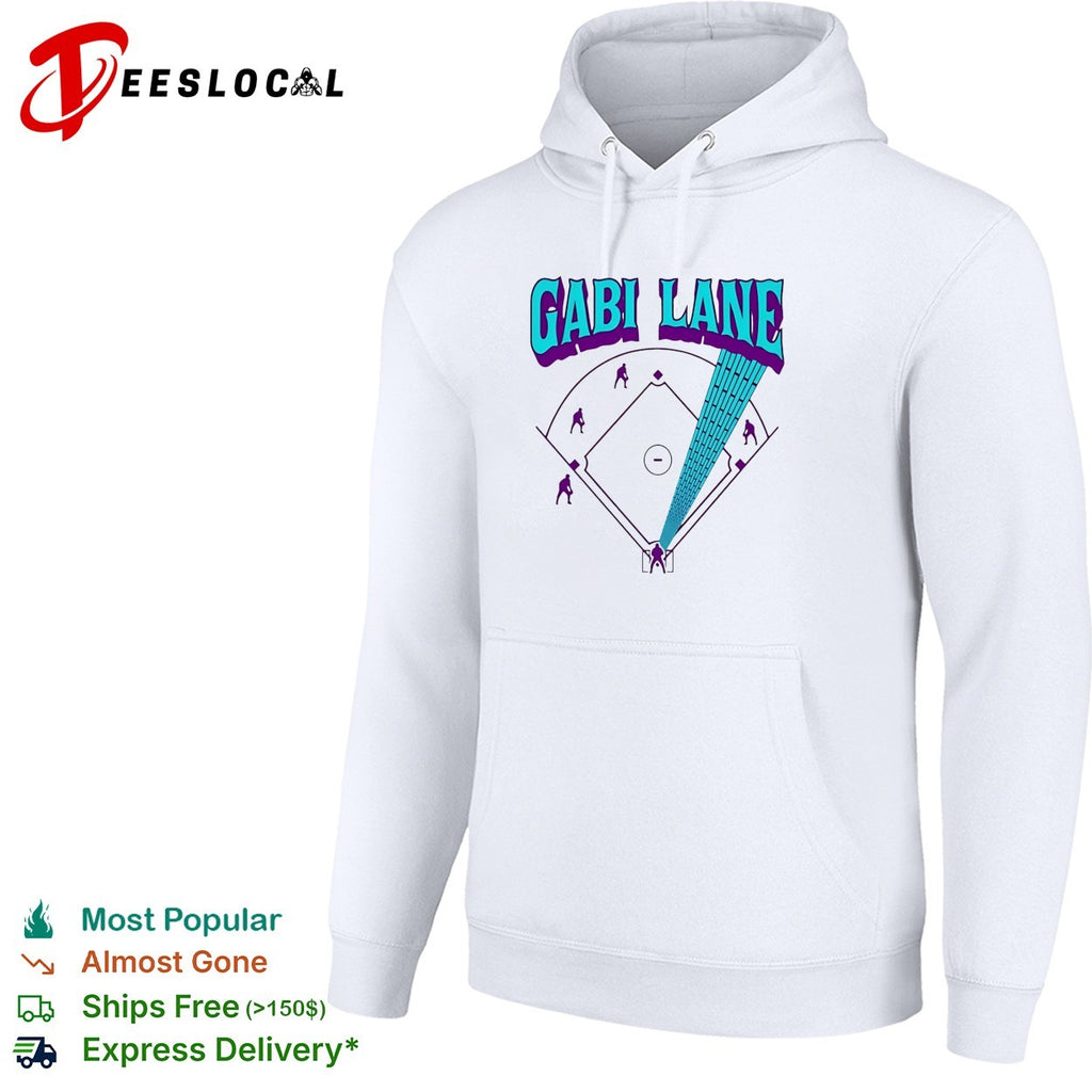 Gabi Lane pitching on baseball diamond with lightning bolt trail to home plate shirt