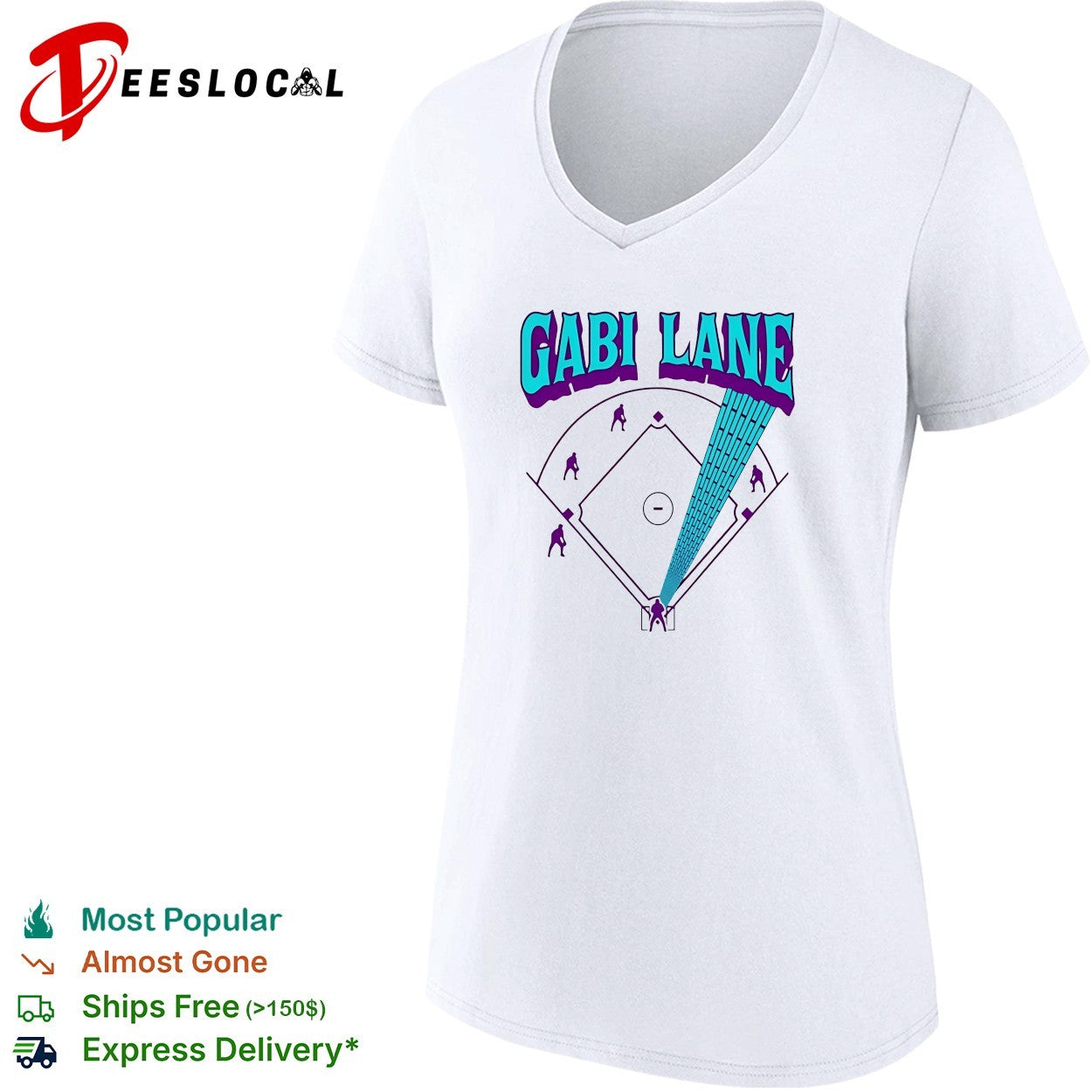 Gabi Lane pitching on baseball diamond with lightning bolt trail to home plate shirt