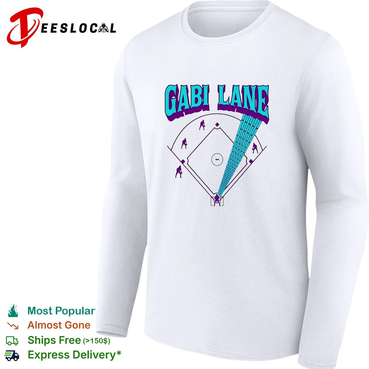 Gabi Lane pitching on baseball diamond with lightning bolt trail to home plate shirt