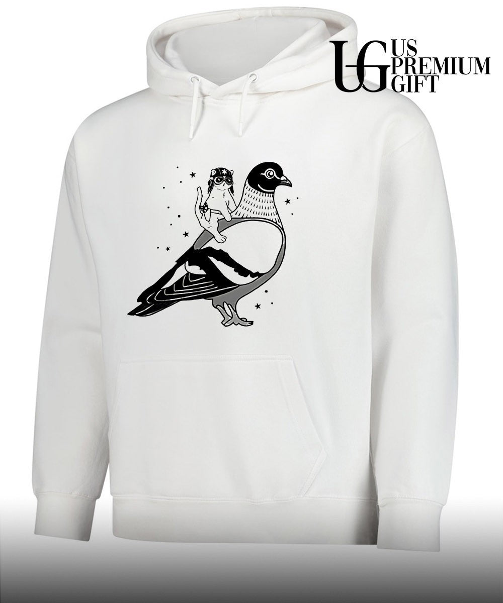 Gary the cat riding a Pigeon shirt