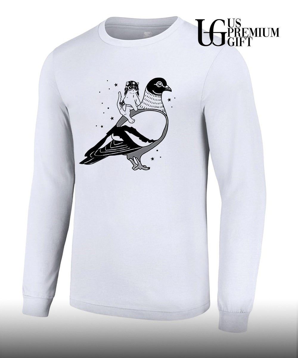 Gary the cat riding a Pigeon shirt