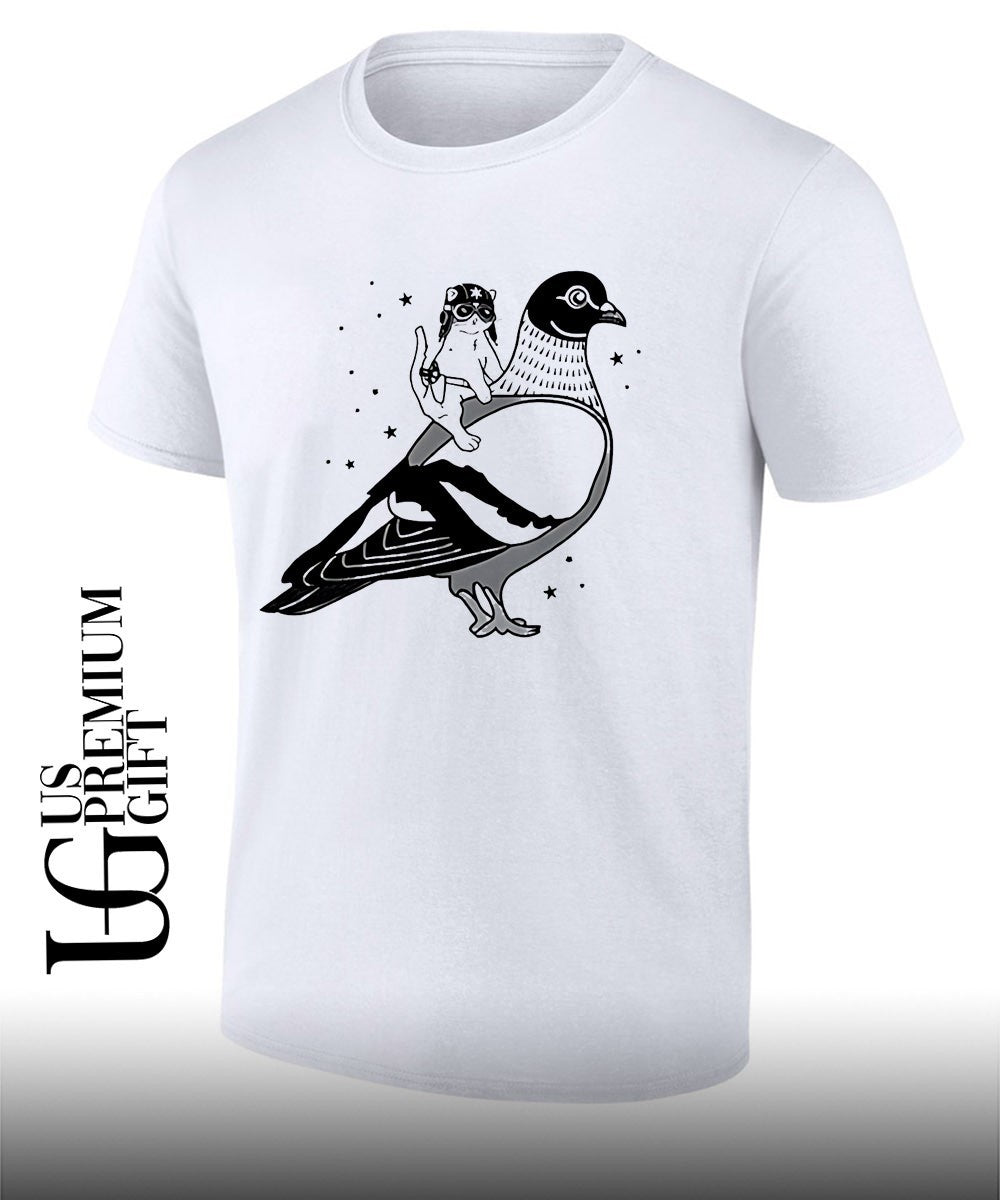 Gary the cat riding a Pigeon shirt