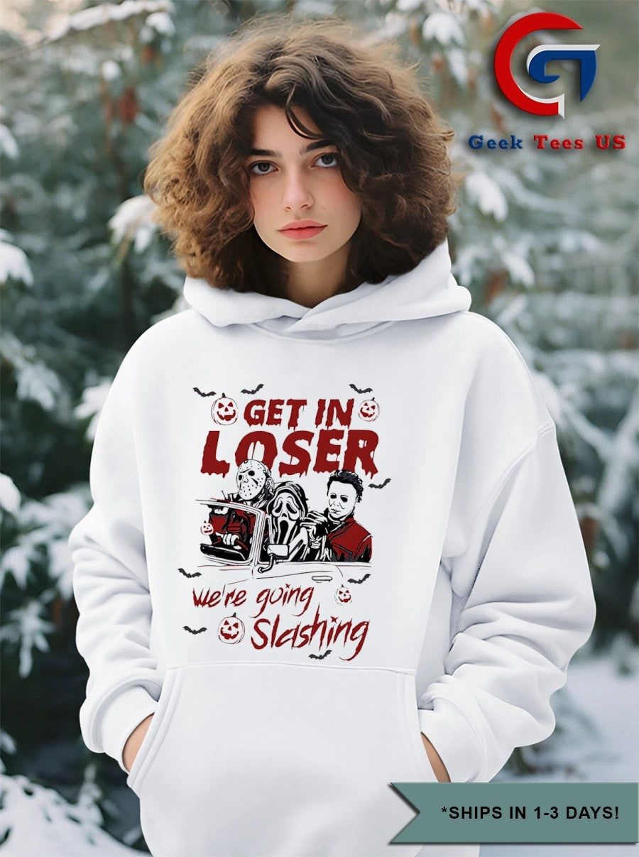 Get in loser we’re going slashing horror characters Halloween 2025 shirt