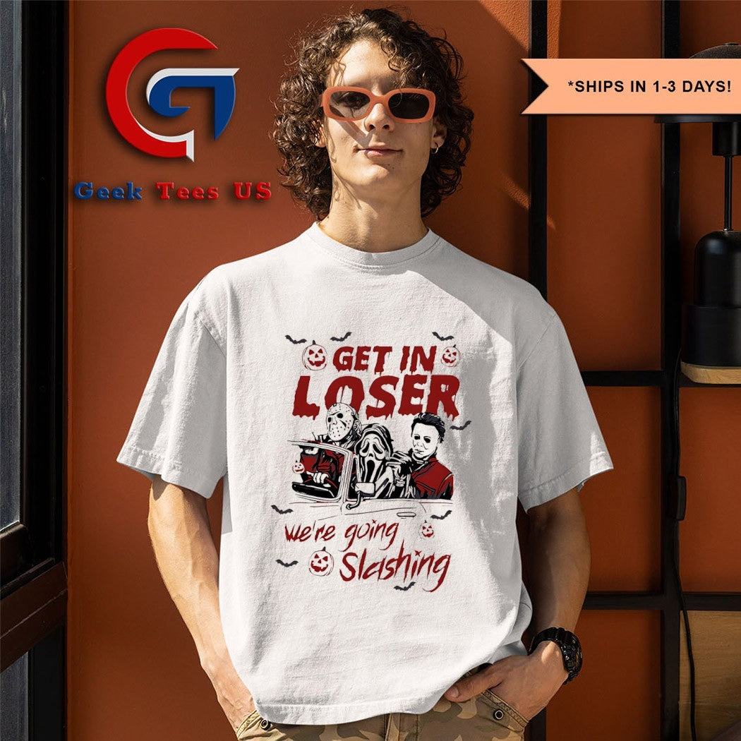 Get in loser we’re going slashing horror characters Halloween 2025 shirt