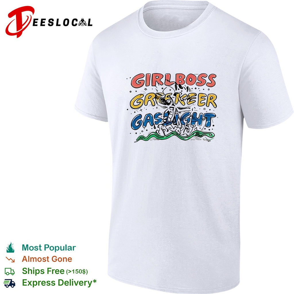 Girlboss gatekeep gaslight bold colorful lettering with snake illustration shirt