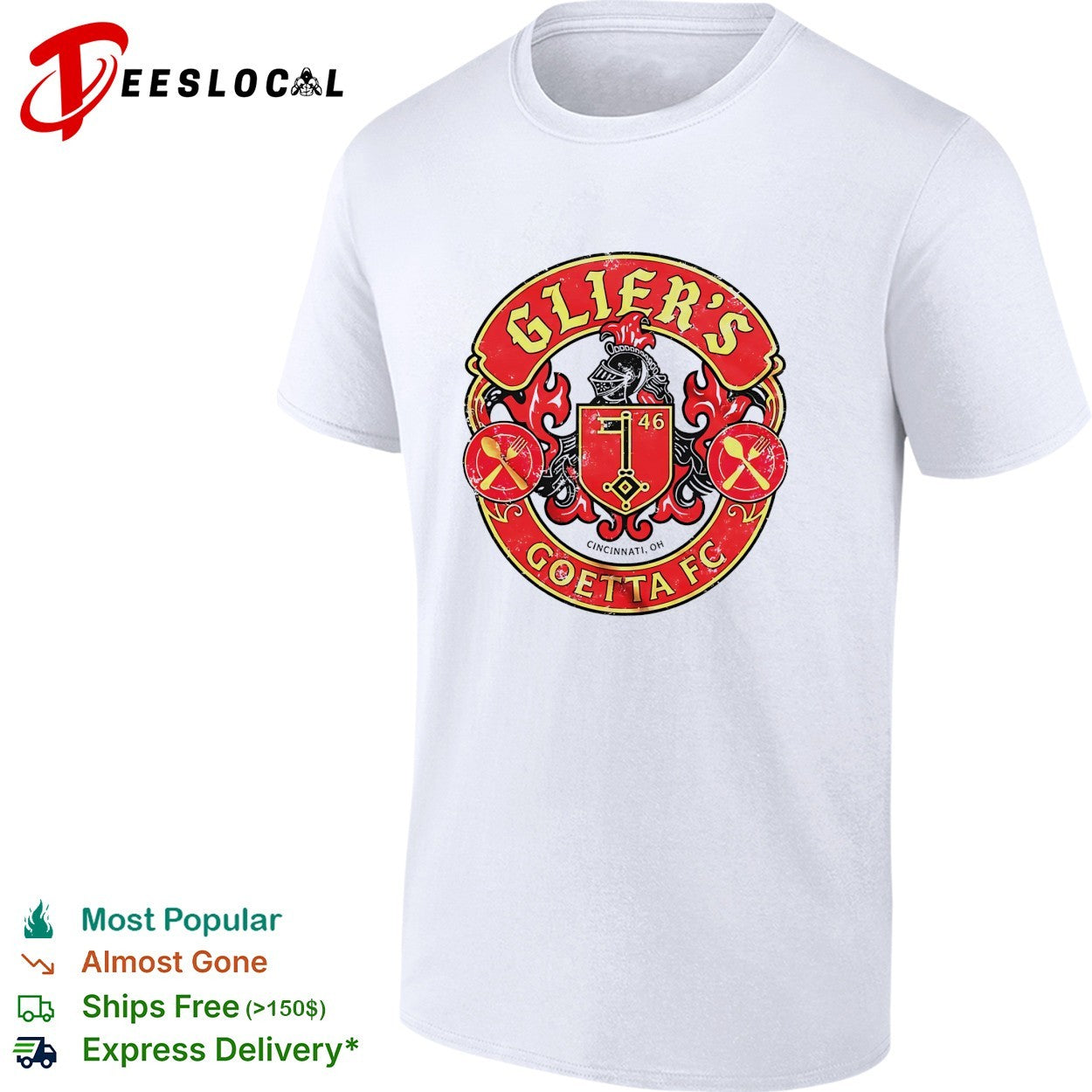Gliers goetta FC crest badge with knight helmet and crossed fork spoon Cincinnati shirt