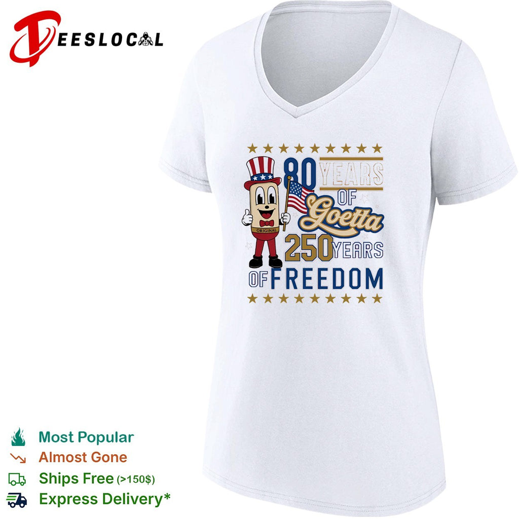 Goetta mascot waving american flag 80 years of goetta 250 years of freedom shirt