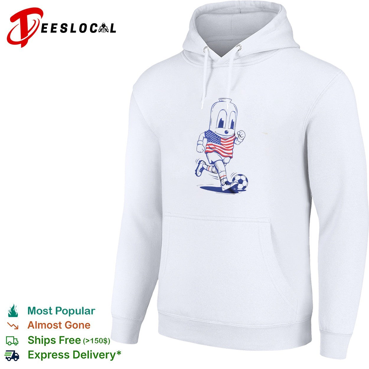Goetta mascot wearing american flag jersey running and kicking soccer ball shirt