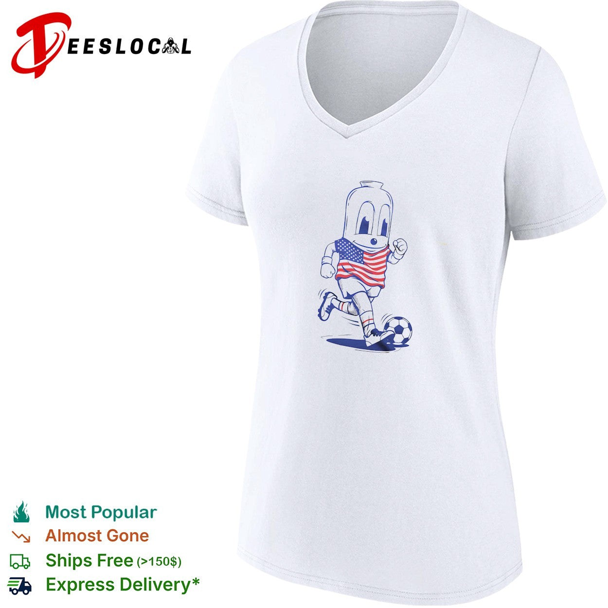 Goetta mascot wearing american flag jersey running and kicking soccer ball shirt