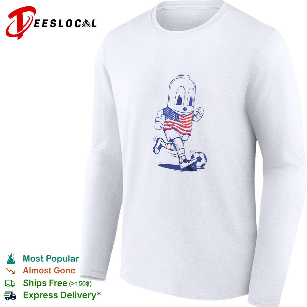 Goetta mascot wearing american flag jersey running and kicking soccer ball shirt