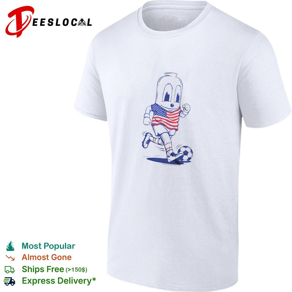 Goetta mascot wearing american flag jersey running and kicking soccer ball shirt
