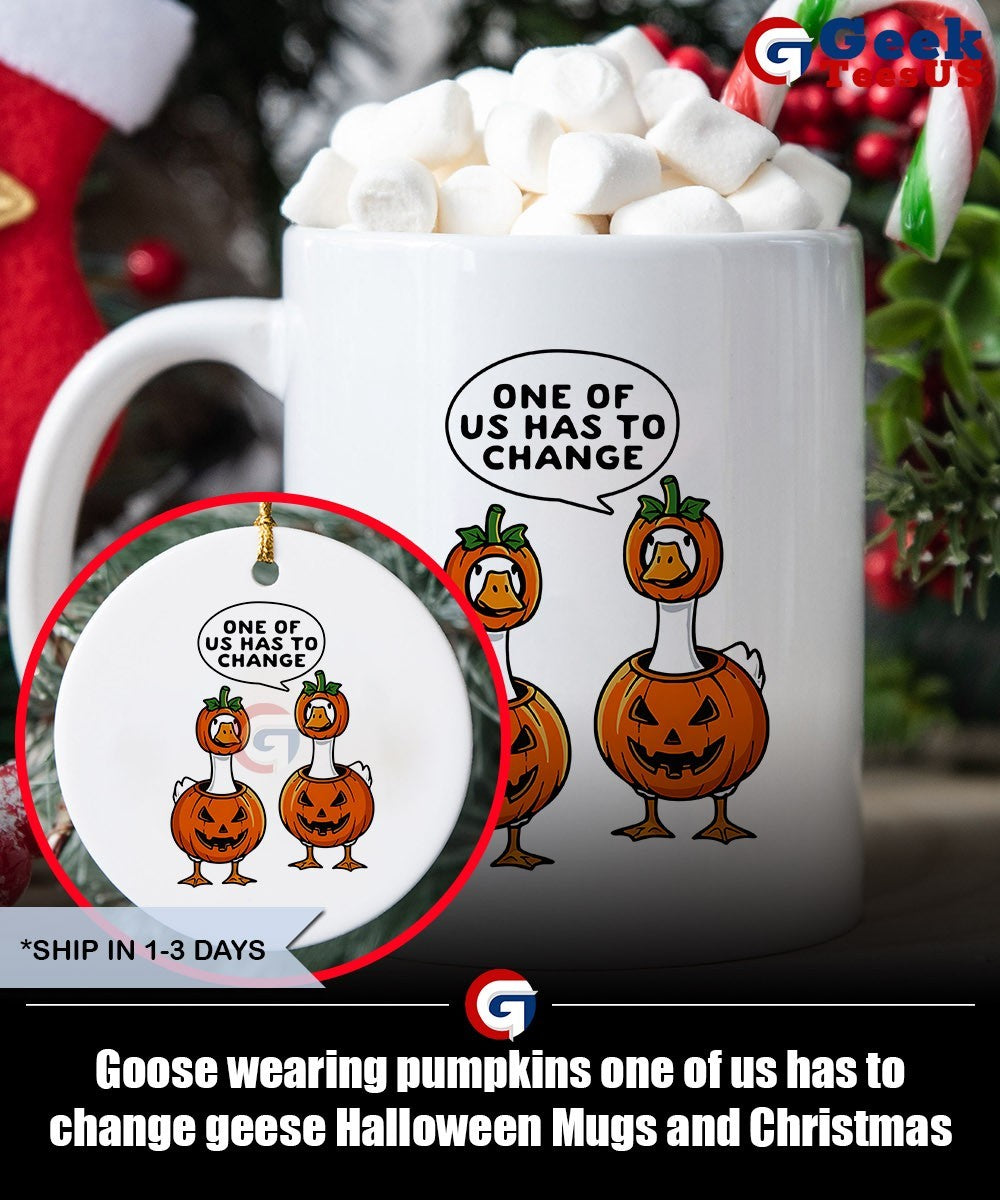 Goose wearing pumpkins one of us has to change geese Halloween shirt