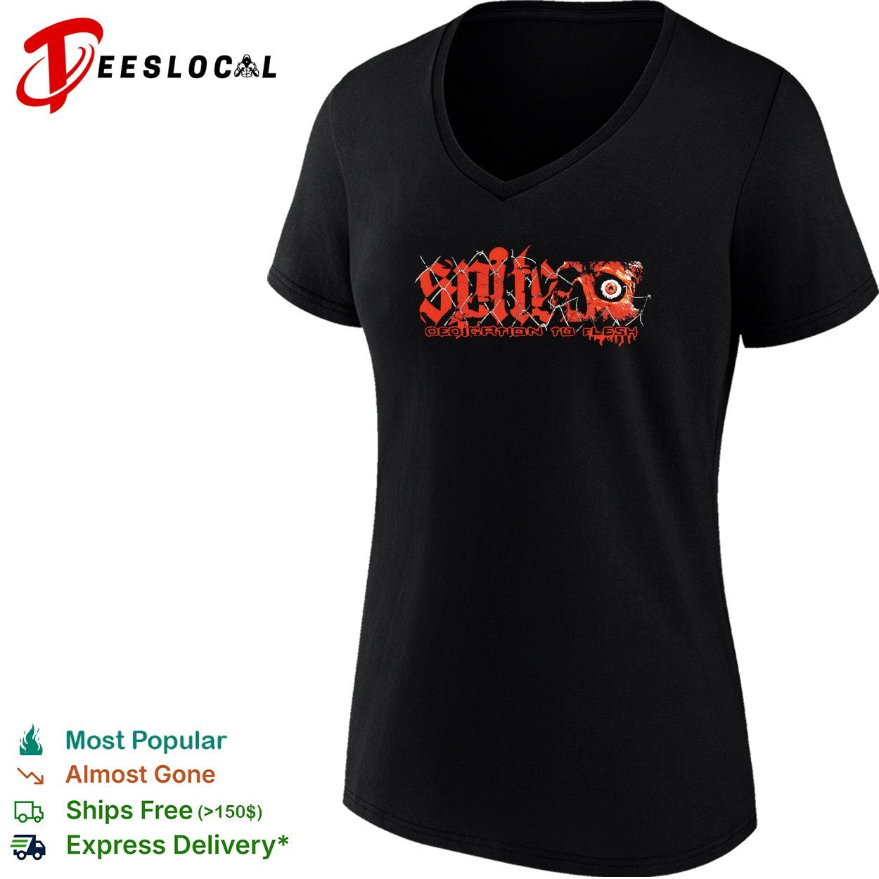 Gothic red band logo wrapped in barbed wire with bloody eye dedication to flesh shirt