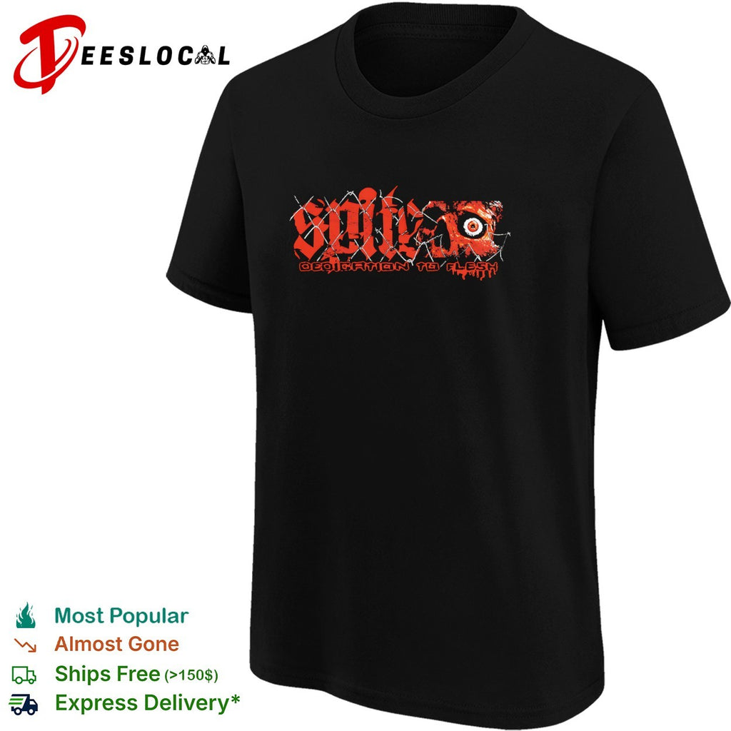 Gothic red band logo wrapped in barbed wire with bloody eye dedication to flesh shirt