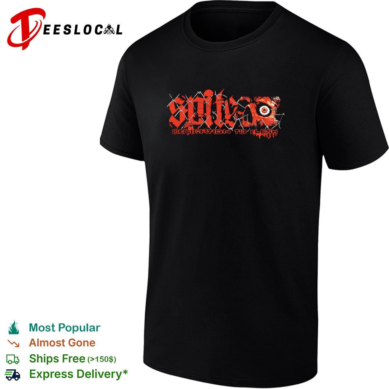 Gothic red band logo wrapped in barbed wire with bloody eye dedication to flesh shirt