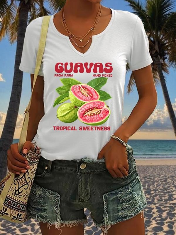 Guavas Handpicked Tropical Sweetness Graphic Tee, Women's Summer Casual Short Sleeve V Neck Shirt, Trendy Fashionable Lady Tops