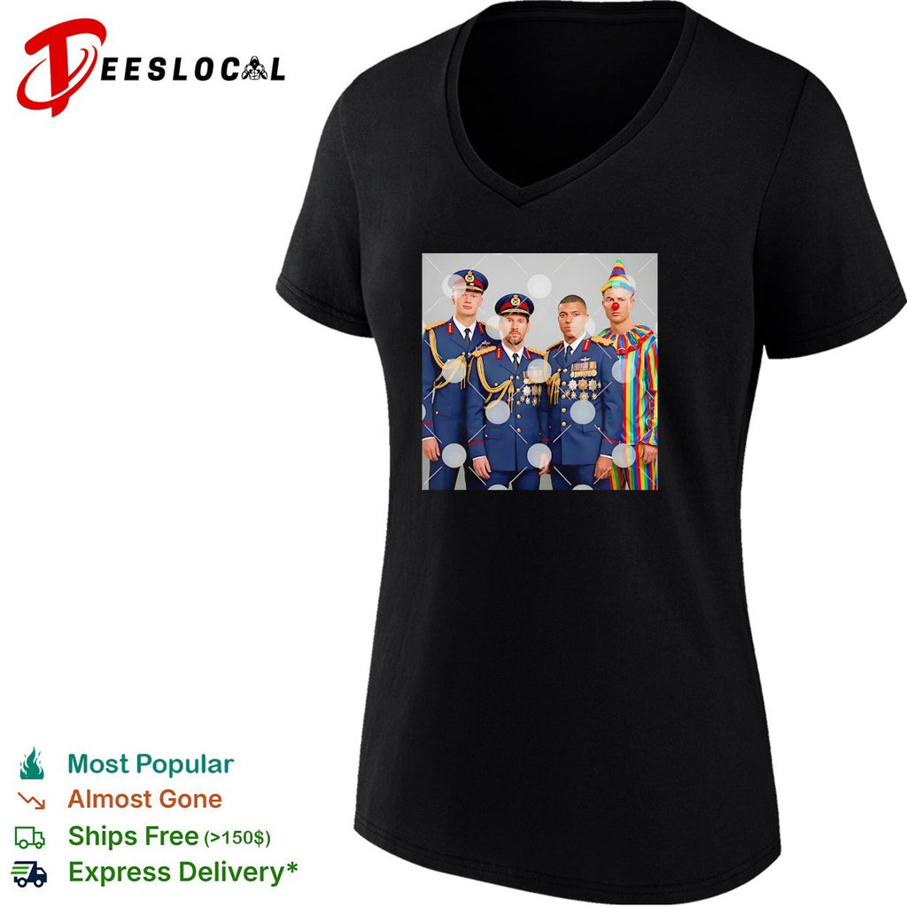 Haaland Messi Mbappe military uniforms Ronaldo clown meme shirt