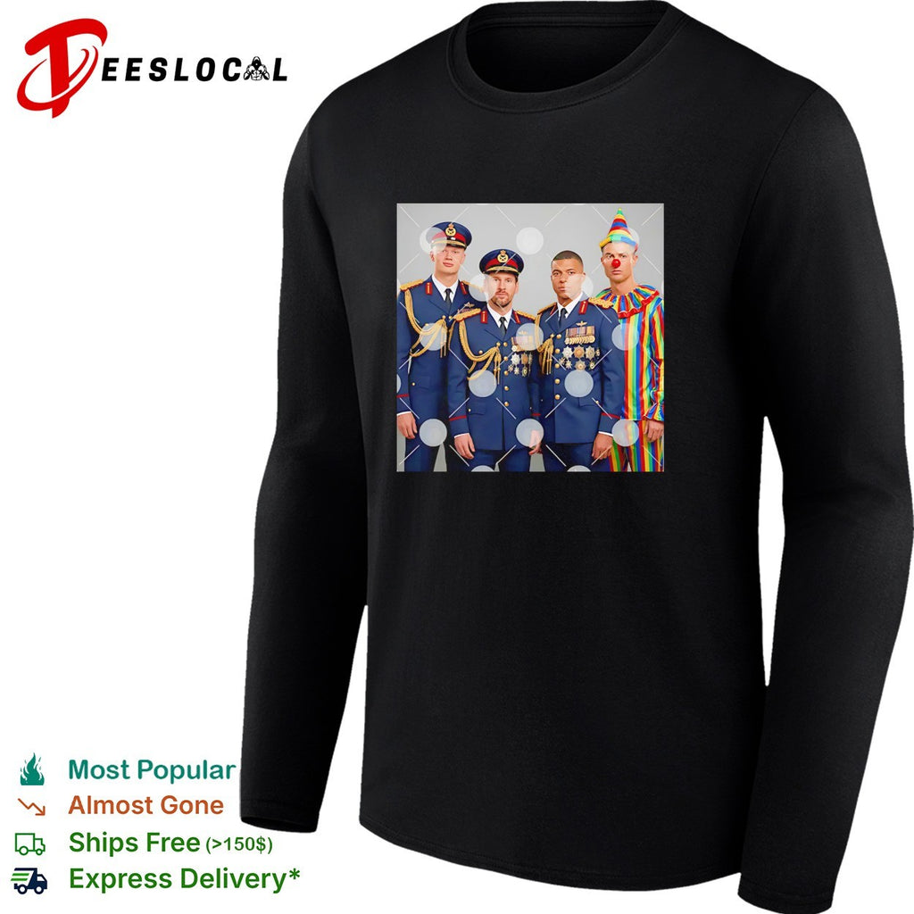 Haaland Messi Mbappe military uniforms Ronaldo clown meme shirt