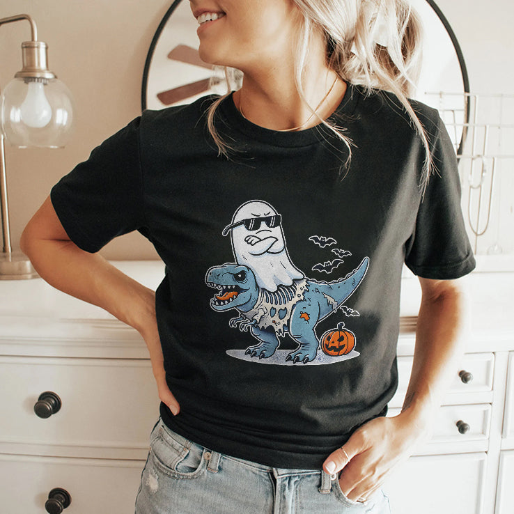 Halloween Ghost Riding Zombie T-Rex T Shirt