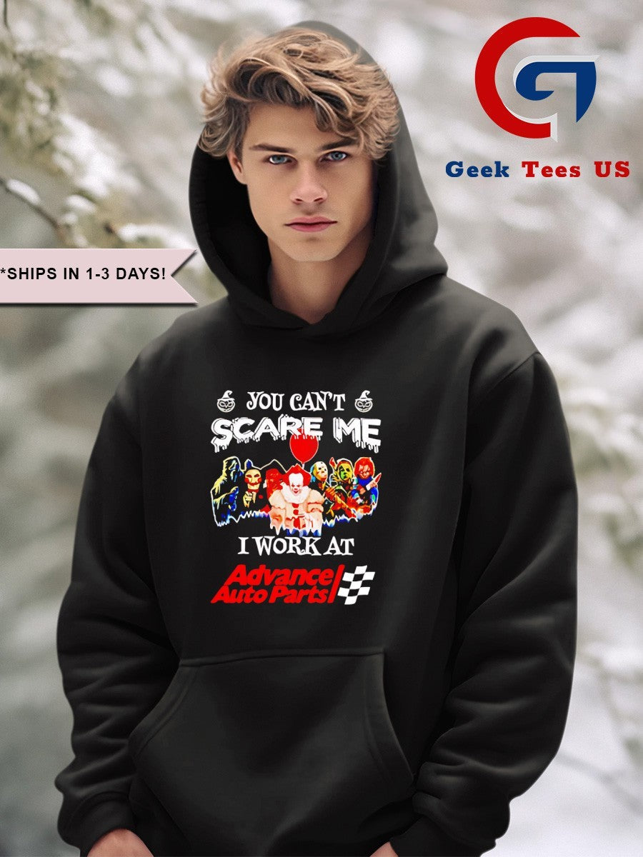 Horror characters you can’t scare me I work at Advance Auto Parts Halloween T-shirt
