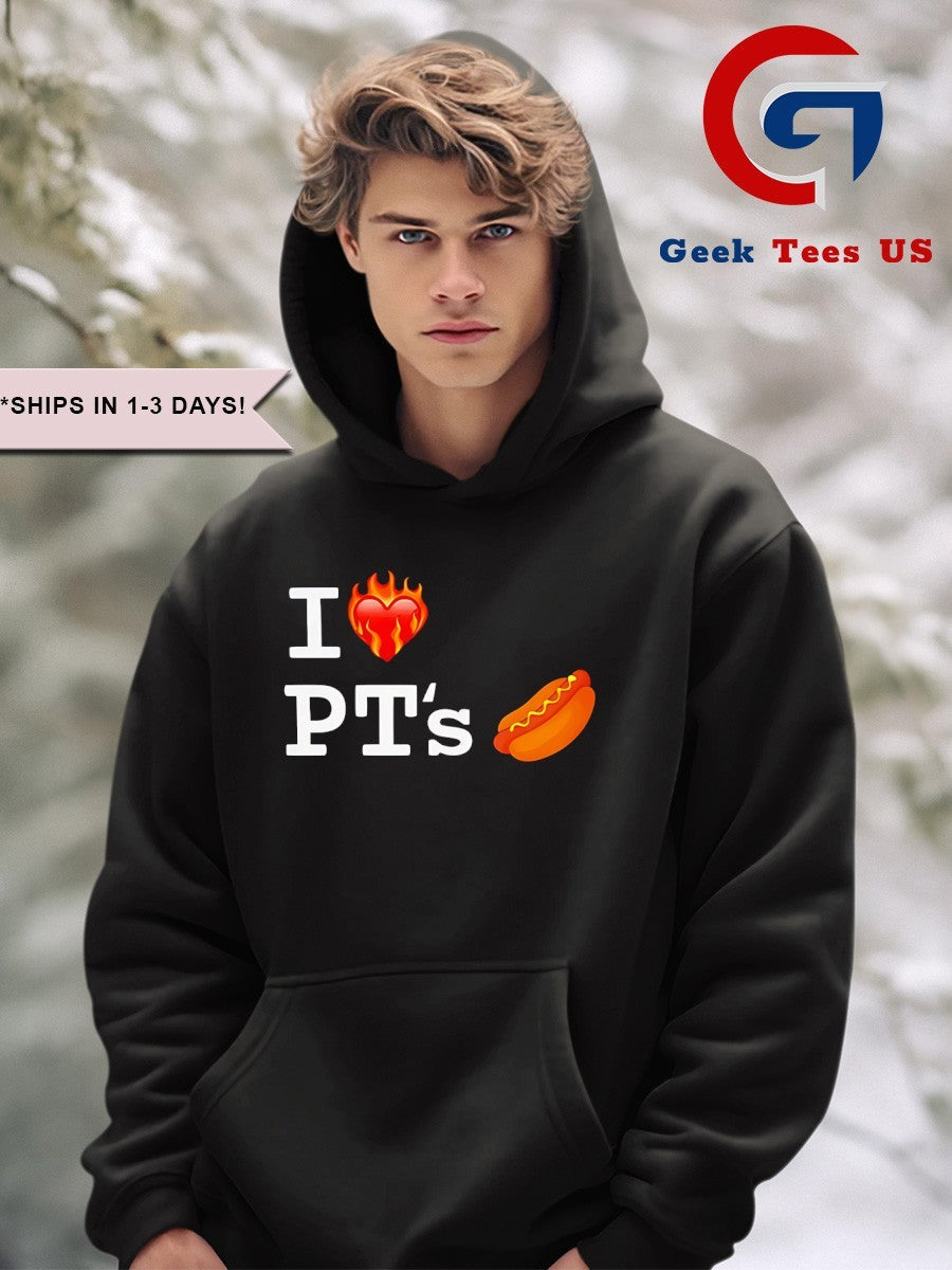 I love Pt’s hot dog heart fire T-shirt