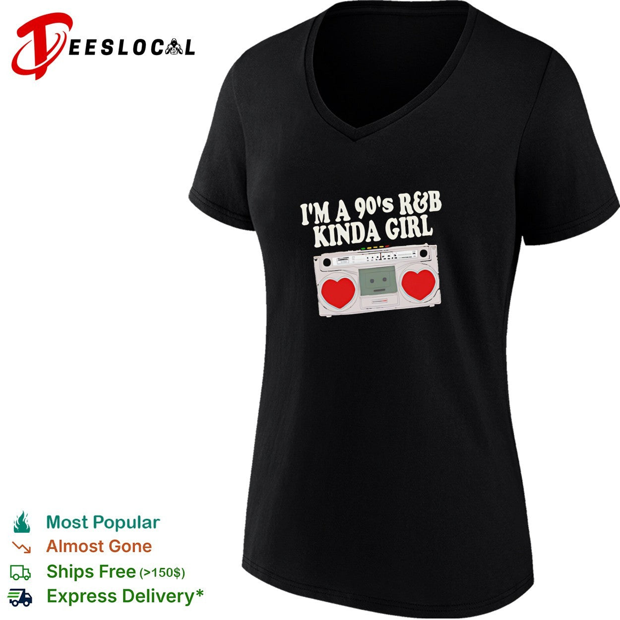 I’m a 90’s R and B kinda girl retro boombox playing with two big hearts shirt