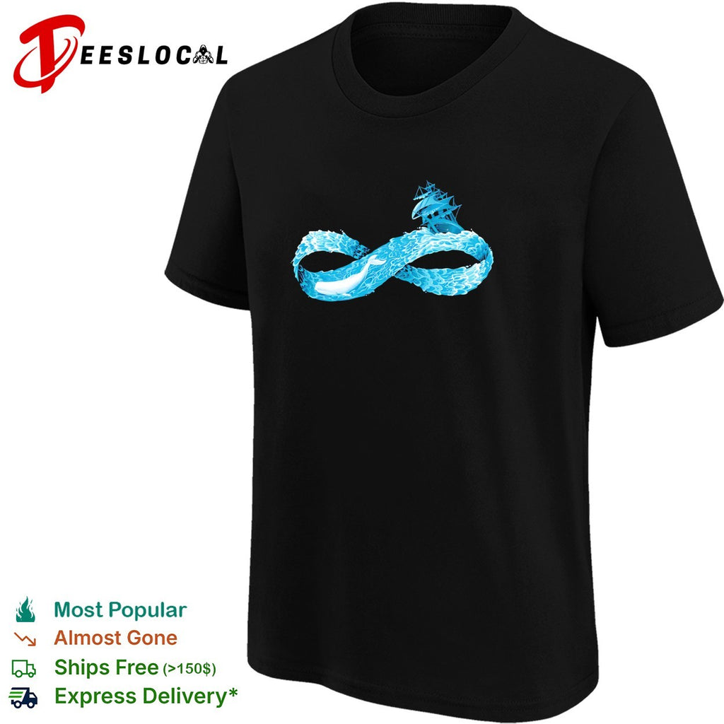 Infinity symbol formed by ocean waves whale swimming beneath sailing ship shirt
