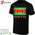 Interlocking rings logo on striped flag background reading goetta parody shirt