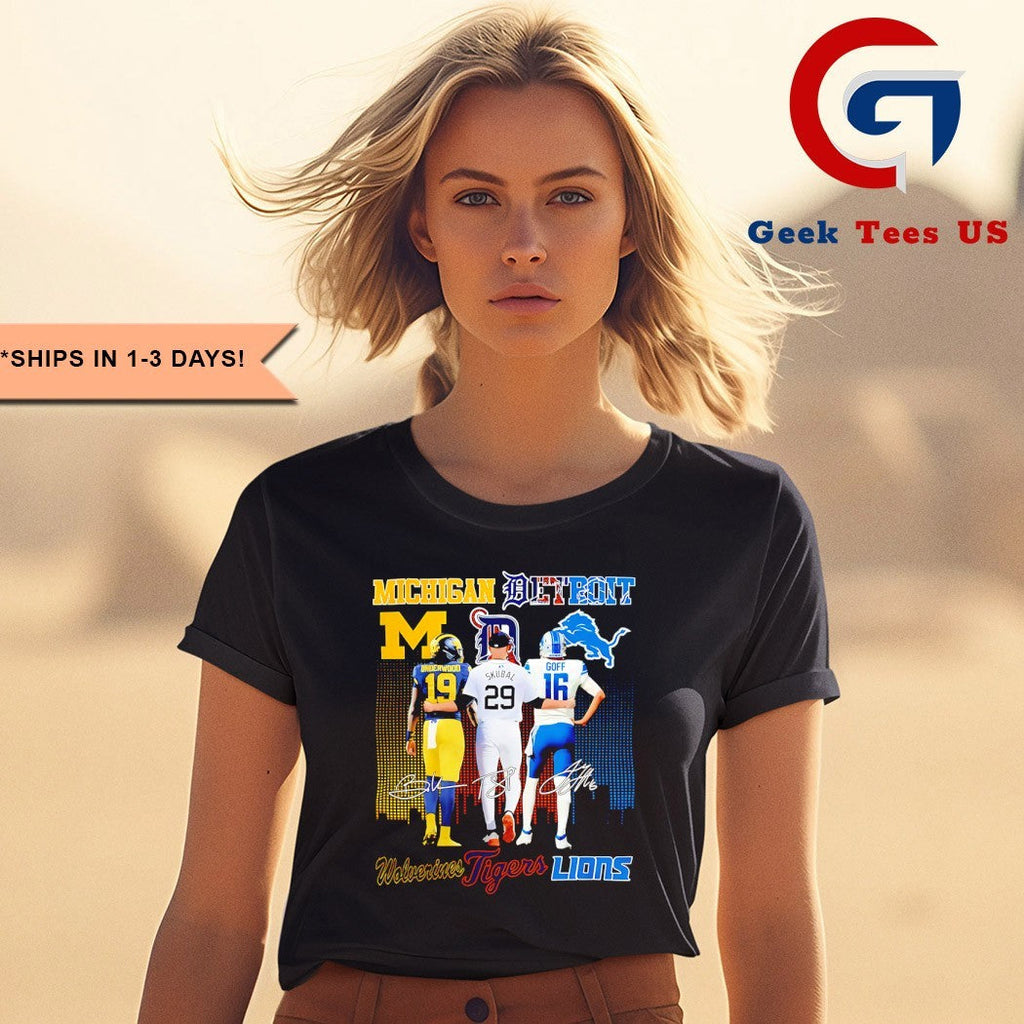 J.J. McCarthy Michigan Wolverines X Tarik Skubal Detroit Tigers X Jared Goff Detroit Lions signature shirt