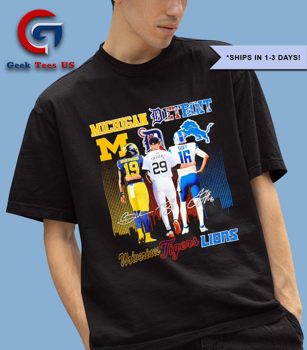 J.J. McCarthy Michigan Wolverines X Tarik Skubal Detroit Tigers X Jared Goff Detroit Lions signature shirt