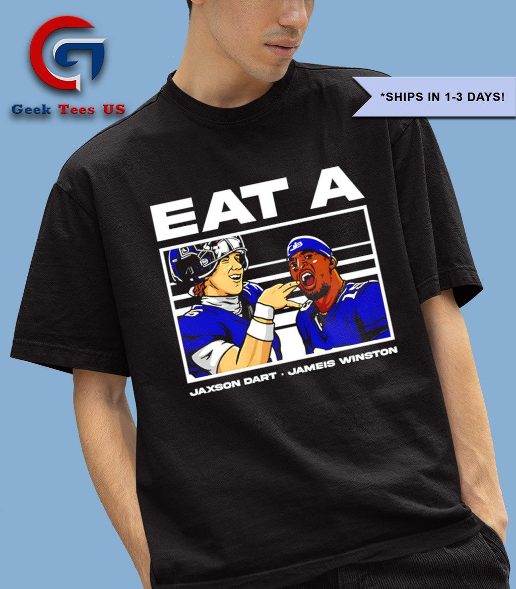 Jameis Winston and Jaxson Dart eat A W New York Giants shirt