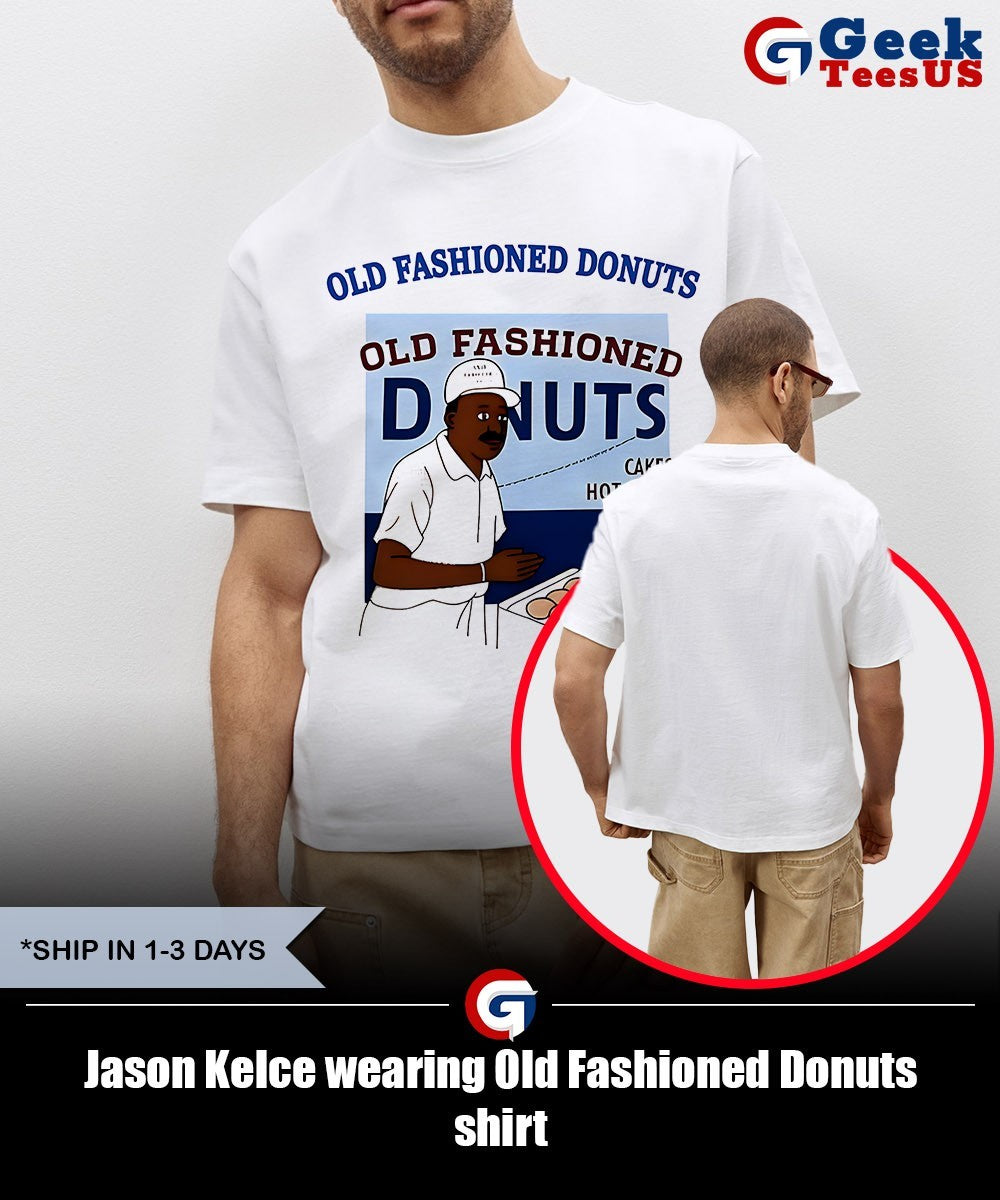 Jason Kelce wearing Old Fashioned Donuts shirt