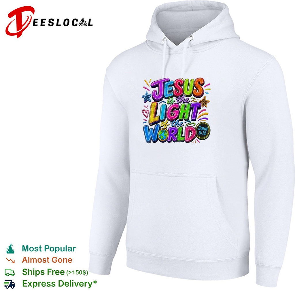 Jesus is the light of the world John 8 12 colorful bubble lettering bible shirt