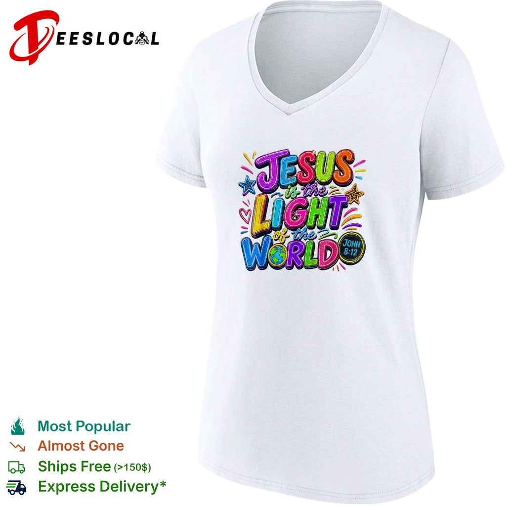 Jesus is the light of the world John 8 12 colorful bubble lettering bible shirt