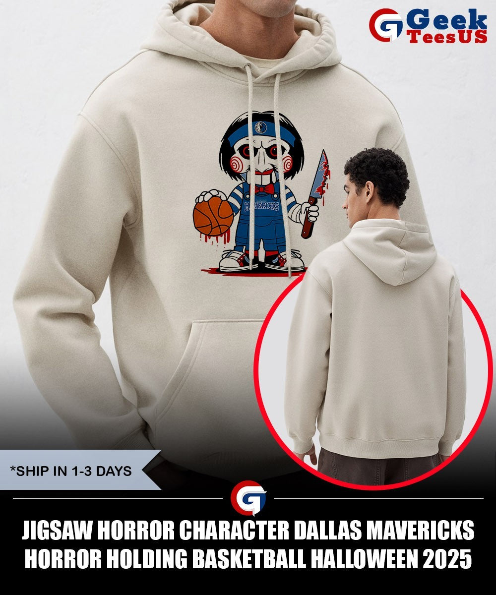 Jigsaw horror character Dallas Mavericks Horror holding basketball Halloween 2025 shirt