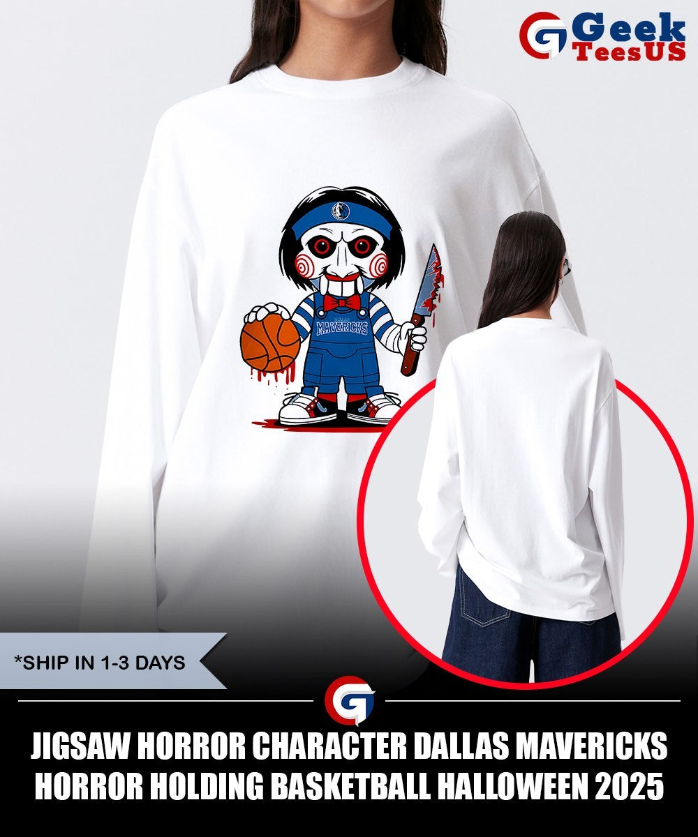 Jigsaw horror character Dallas Mavericks Horror holding basketball Halloween 2025 shirt