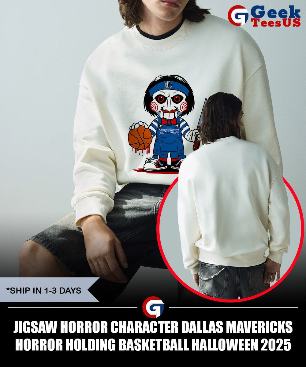 Jigsaw horror character Dallas Mavericks Horror holding basketball Halloween 2025 shirt