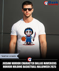 Jigsaw horror character Dallas Mavericks Horror holding basketball Halloween 2025 shirt